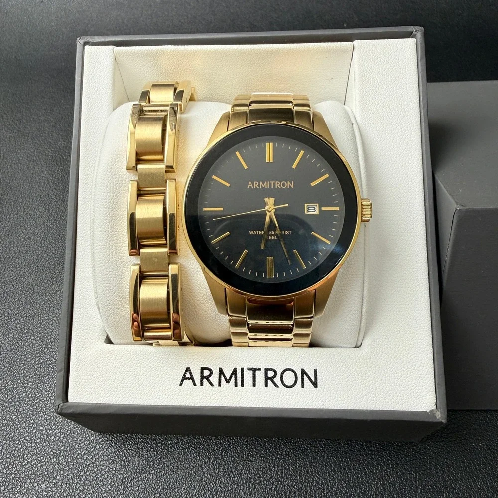 Armitron Men's 20/5374GP Watch and Bracelet Set Gold Tone New Battery Date Func